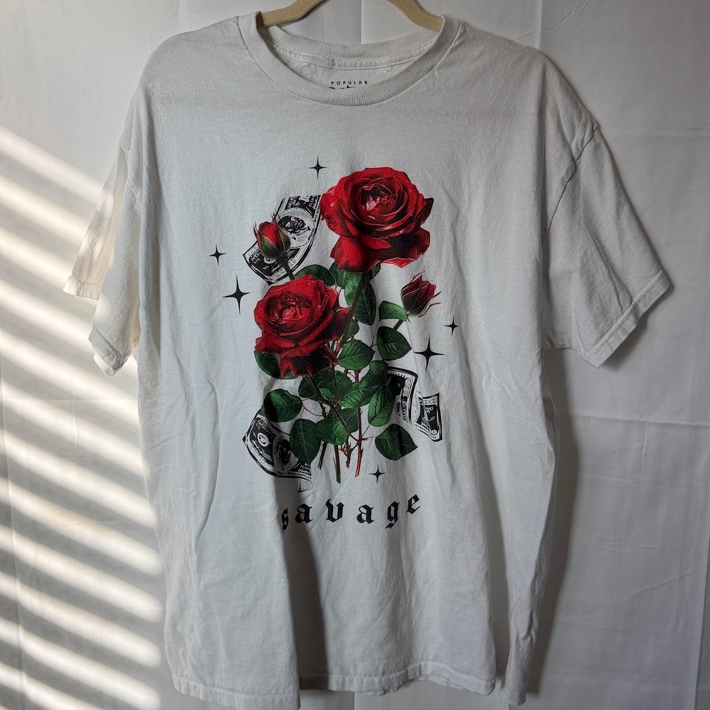 White T-Shirt with Red Rose/Savage Graphic